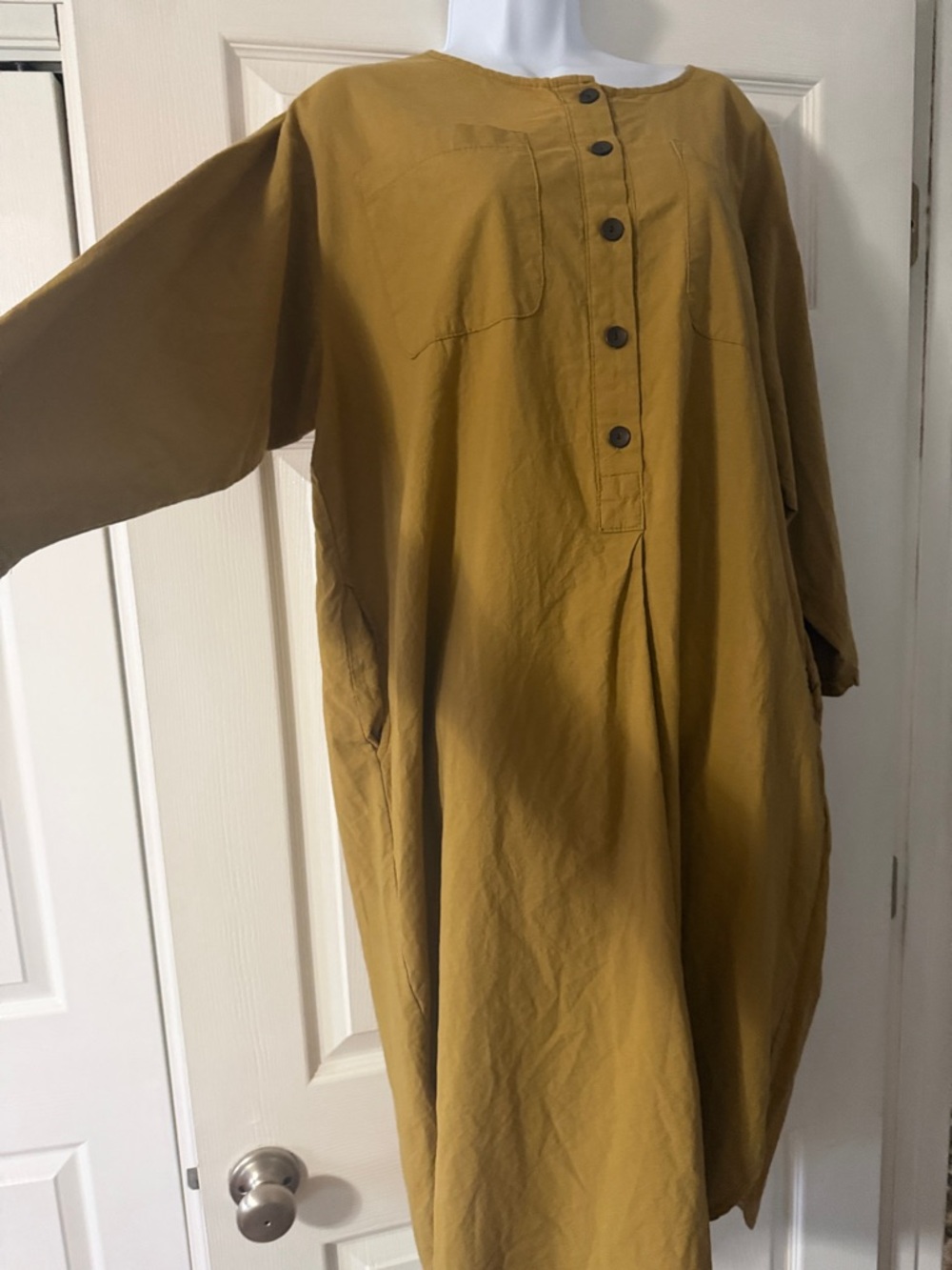 Relaxed Button-Front Long Sleeve Dress in Mustard